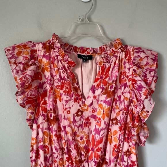 FATE Women's Pink Floral Tiered Mini Dress Ruffles Sz L V-Neck Lined Boho Event - Picture 2 of 11